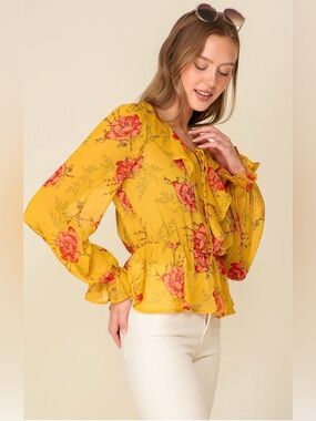 NWT Lumiere Womens Yellow Floral Print Sheer Button Up Shirt Size L